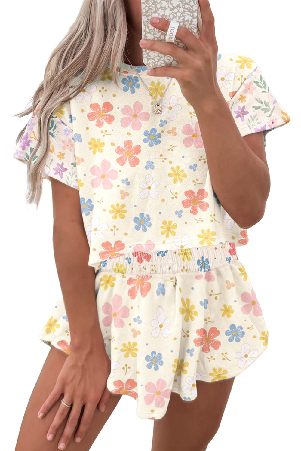 Apricot Floral Print Crop Top Wide Leg Short Set