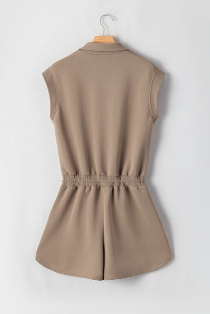 Dark Khaki Textured Short Sleeve Half Zip Drawstring Waist Romper