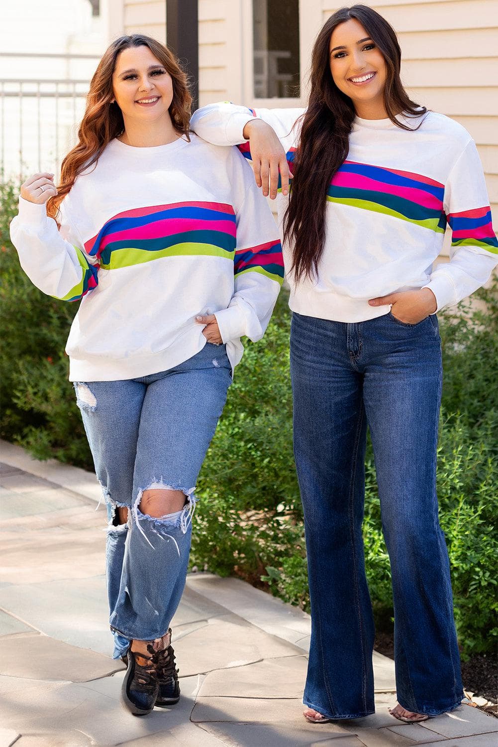 Tops/Long Sleeve Tops White Colorful Striped Accent Long Sleeve T Shirt