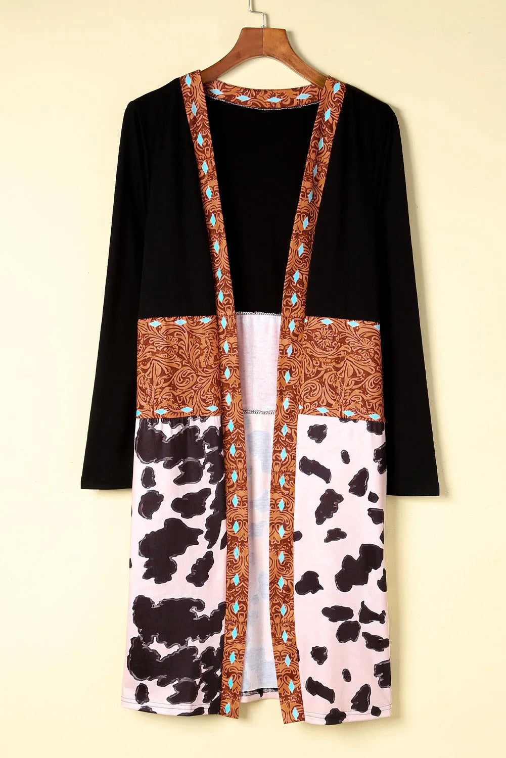 Black Western Pattern Cow Patchwork Open Front Cardigan - Chic Meadow Boutique 