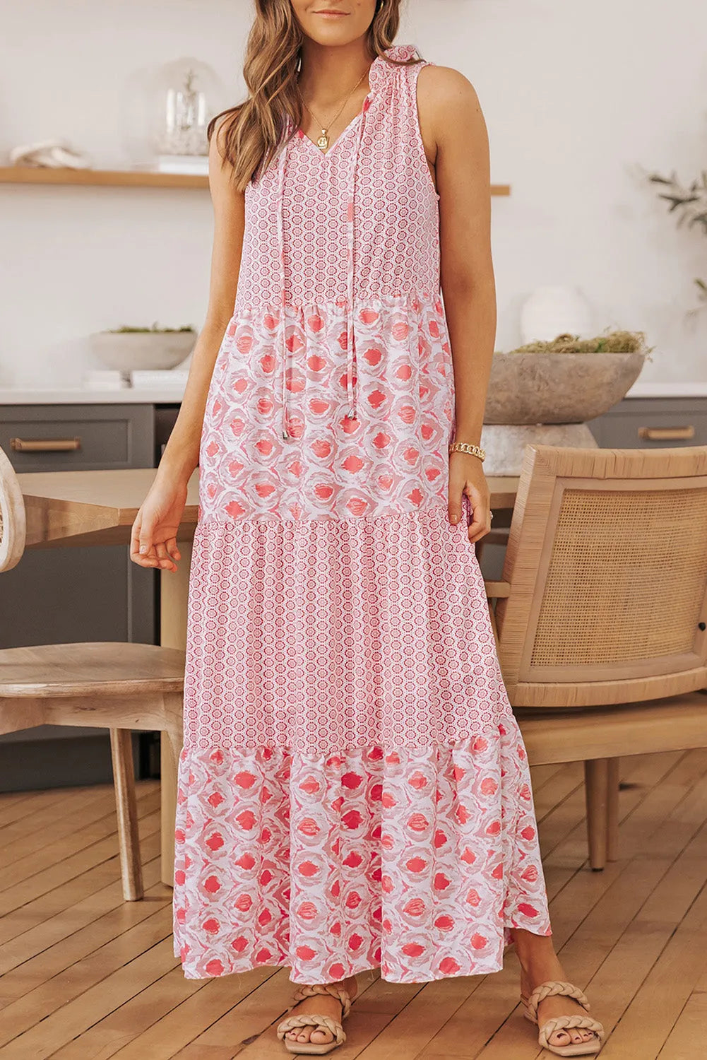 Pink Abstract Print Split Neck Sleeveless Maxi Dress - Chic Meadow Boutique 