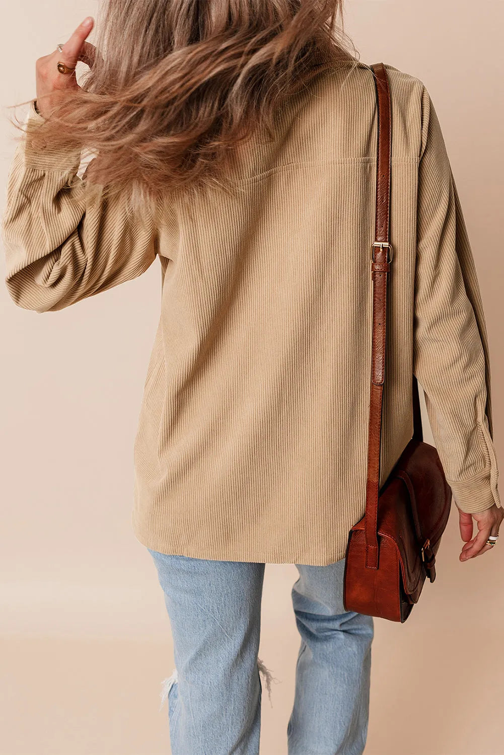 Light French Beige Solid Frilled Flap Pocket Button Up Corduroy Shacket - Chic Meadow Boutique 