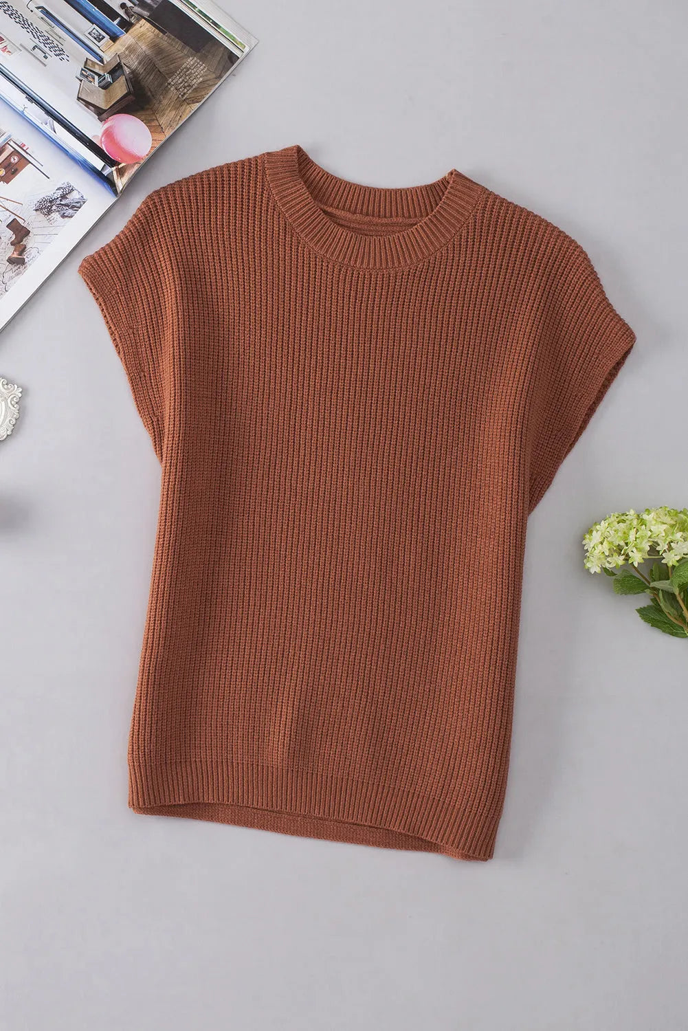 Chestnut Plain Crew Neck Short Sleeve Sweater - Chic Meadow Boutique 