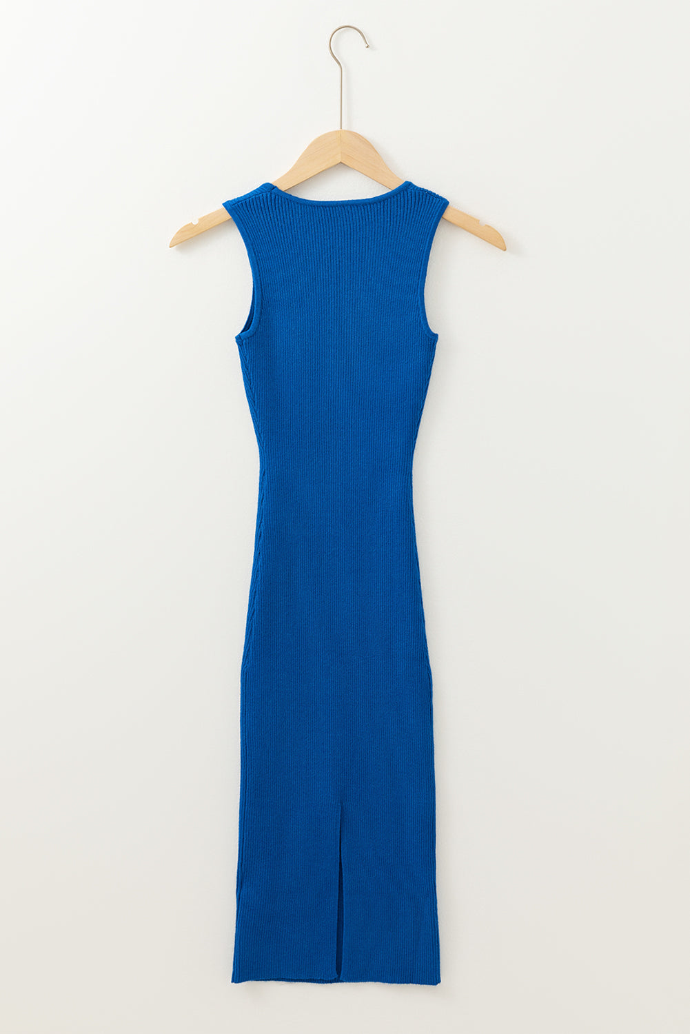 Dark Blue Solid Ribbed Knit Sheath Sleeveless Midi Sweater Dress