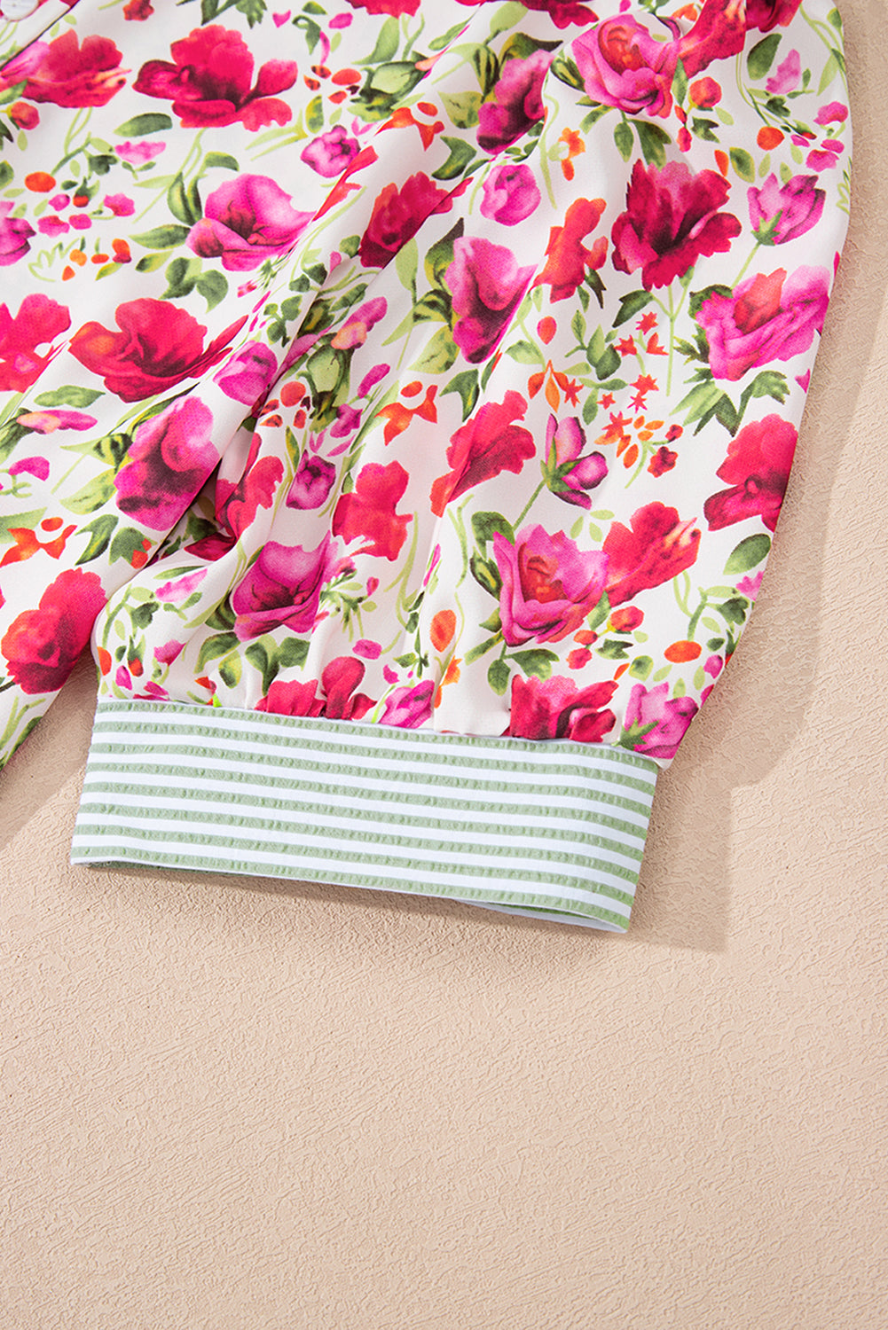 Red Floral Print Striped Patchwork Collared Short Sleeve Blouse