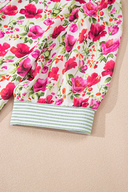 Red Floral Print Striped Patchwork Collared Short Sleeve Blouse