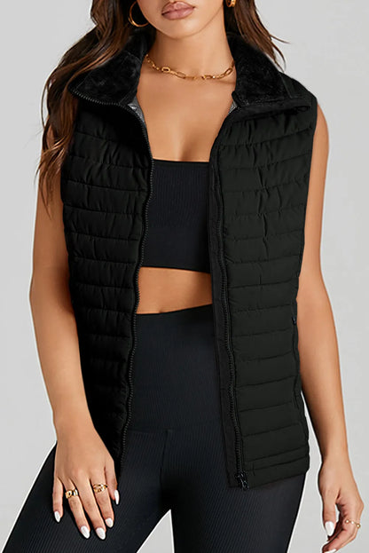 Black Plush Collared Quilted Zipped Puffer Vest - Chic Meadow Boutique 