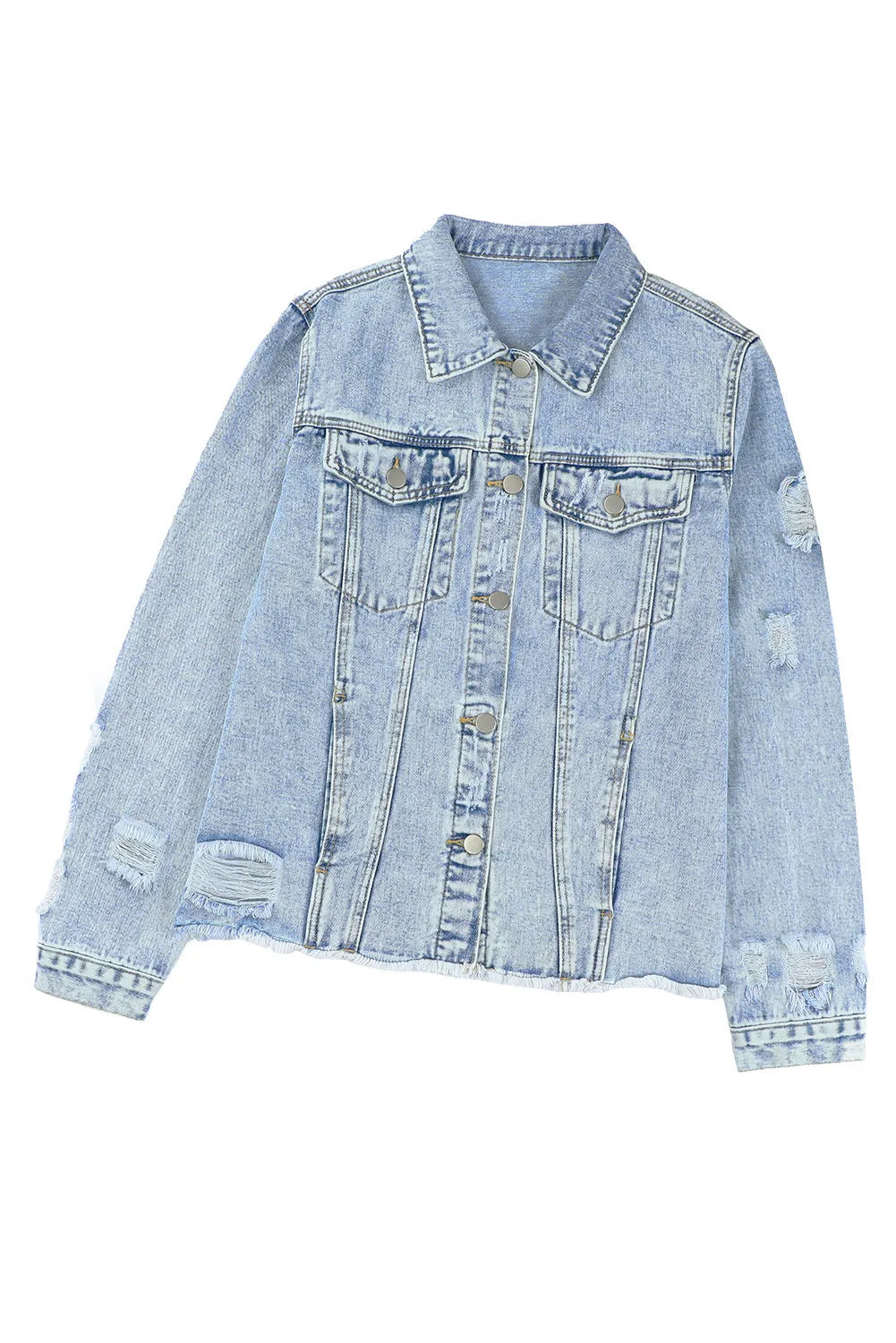 Sky Blue Lapel Distressed Raw Hem Buttons Denim Jacket - Chic Meadow Boutique 