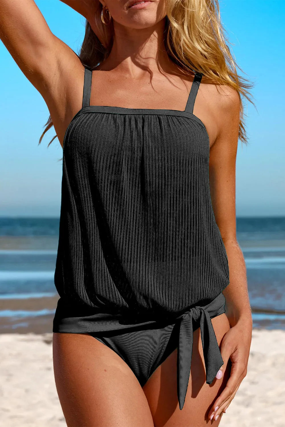 Black Striped Mesh Knotted Hem Tankini Swimsuit - Chic Meadow Boutique 