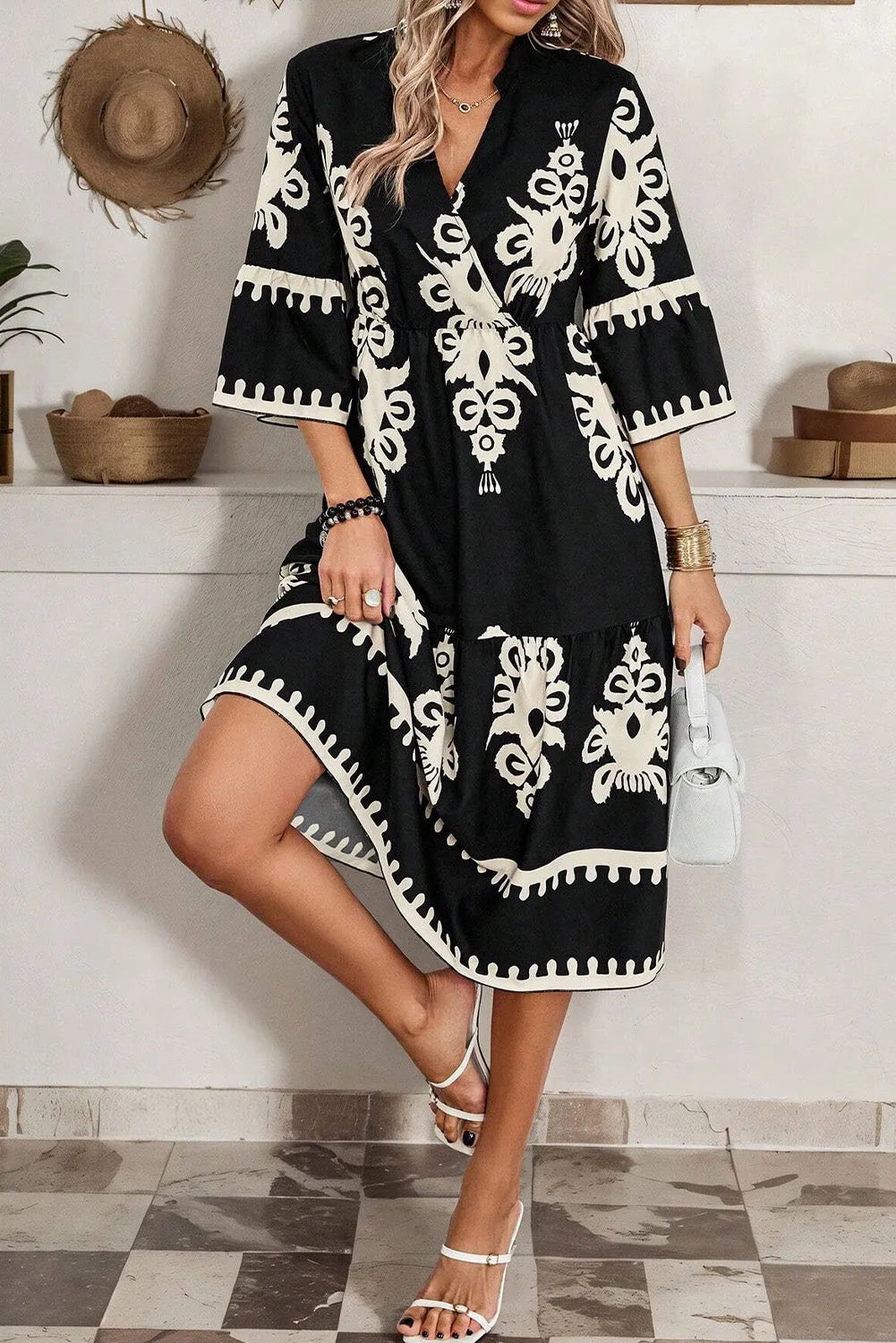 Black Western Geometric Print 3/4 Sleeve Loose Midi Dress - Chic Meadow Boutique 