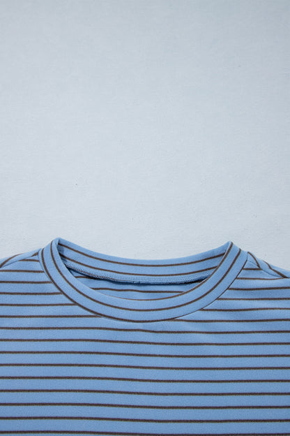 Sky Blue Stripe Color Block Contrast Long Sleeve Round Neck Casual Shift Pullover