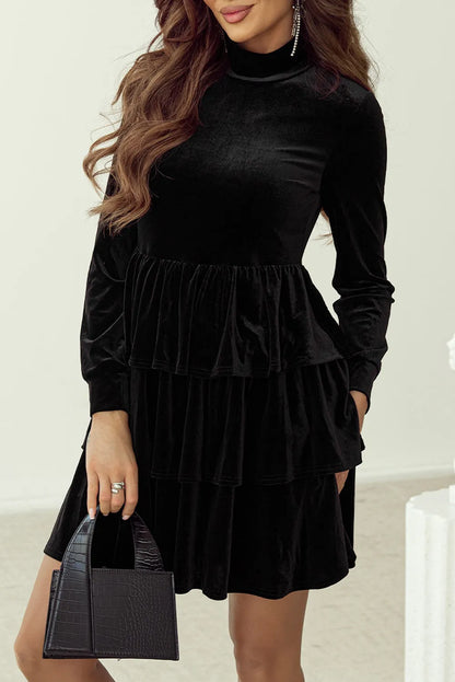 Black Velvet High Neck Tiered Ruffle Mini Dress - Chic Meadow Boutique 