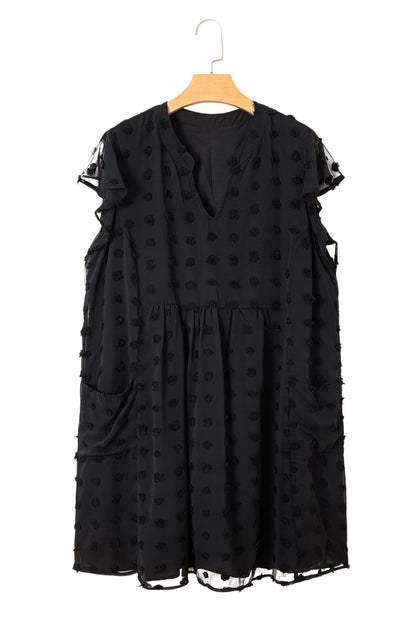 Black Dotty Textured Notched Neck Plus Ruffled Dress