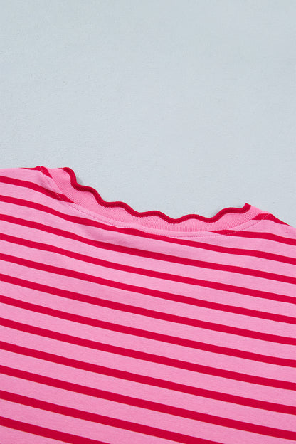 Pink Stripe Scalloped Trim Round Neck T Shirt