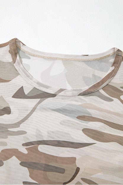 Green Western Fashion Camouflage Print Mesh Long Sleeve Top