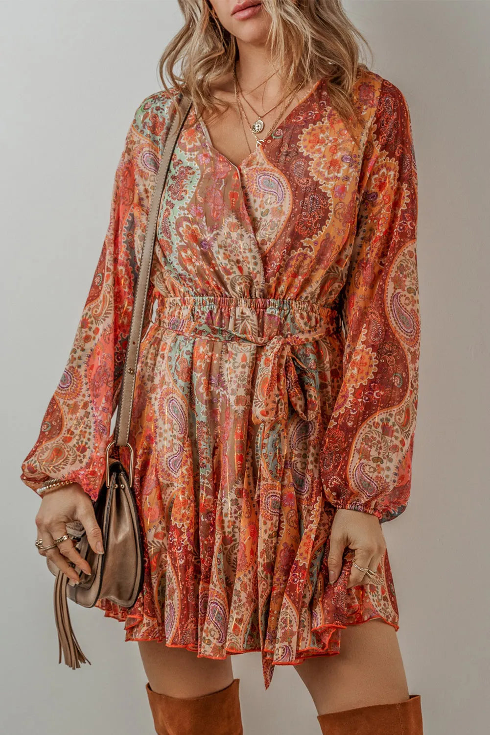 Orange Boho Paisley Print Long Sleeve Pleated Belted Mini Dress - Chic Meadow Boutique 