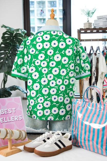 Green Flower Printed Contrast Patchwork Collar Short Sleeve Blouse
