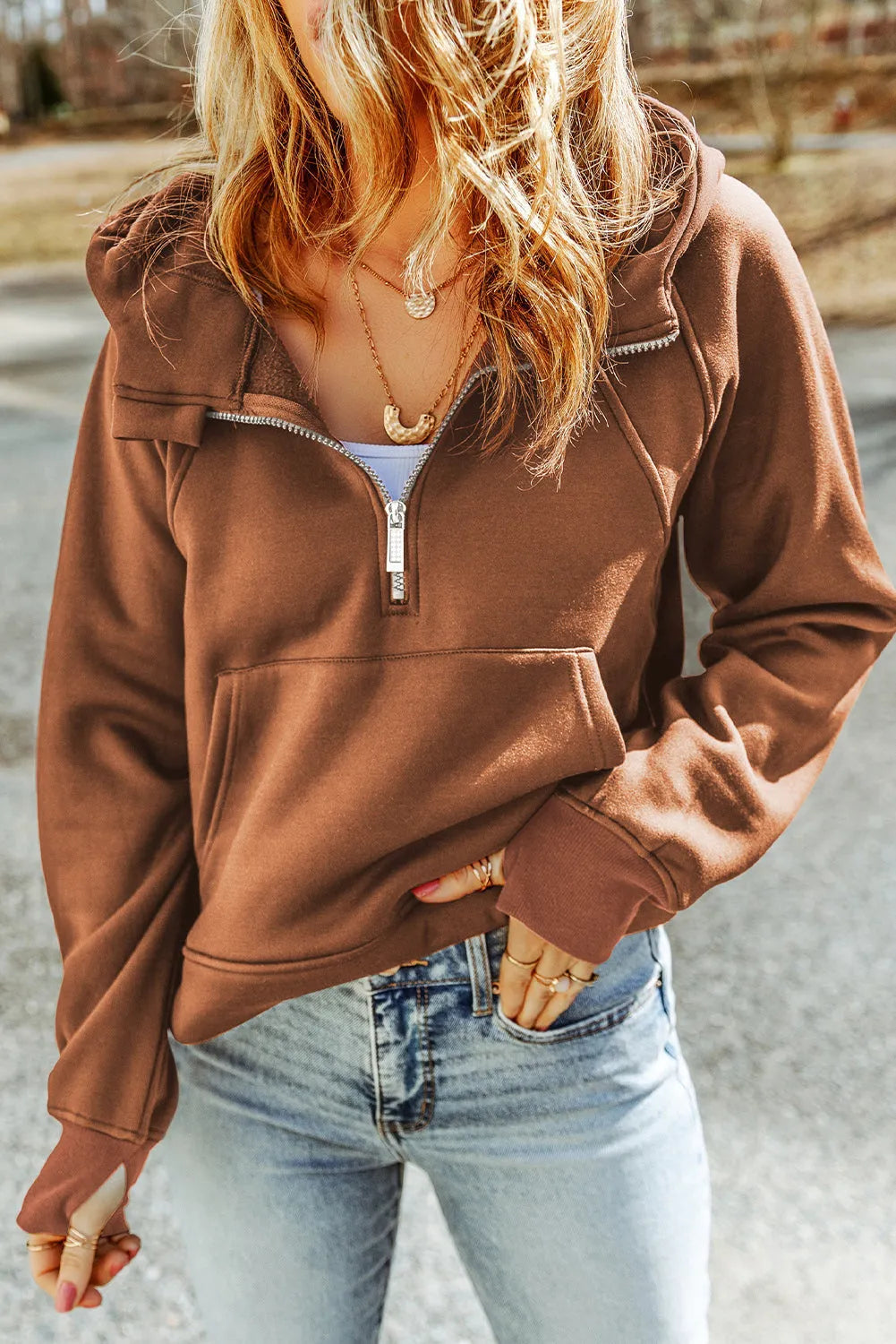 Brown Quarter Zip Kangaroo Pocket Hoodie - Chic Meadow Boutique 