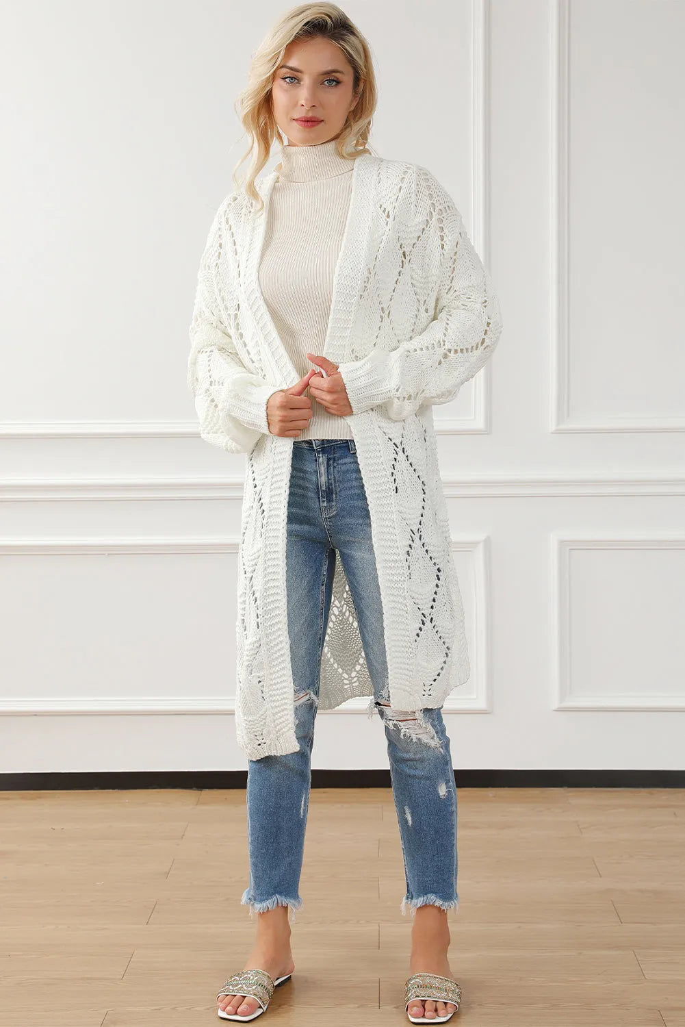 White Rhombus Hollowed Knit Open Front Cardigan - Chic Meadow Boutique 