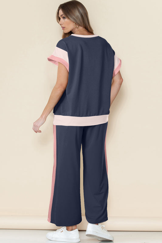 Navy Blue Color Block Detail Casual Two-piece Set