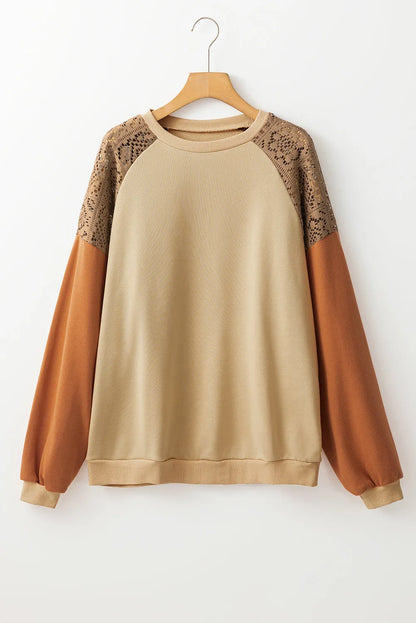 Khaki Lace Patchwork Colorblock Drop Shoulder Sweatshirt - Chic Meadow Boutique 