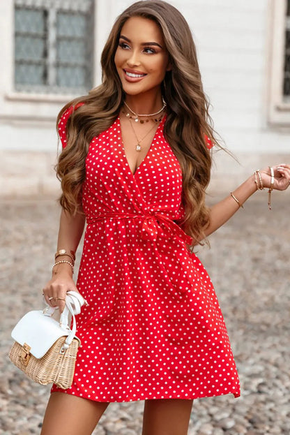 Fiery Red Polka Dot V Neck Ruffle Sleeve Dress - Chic Meadow Boutique 