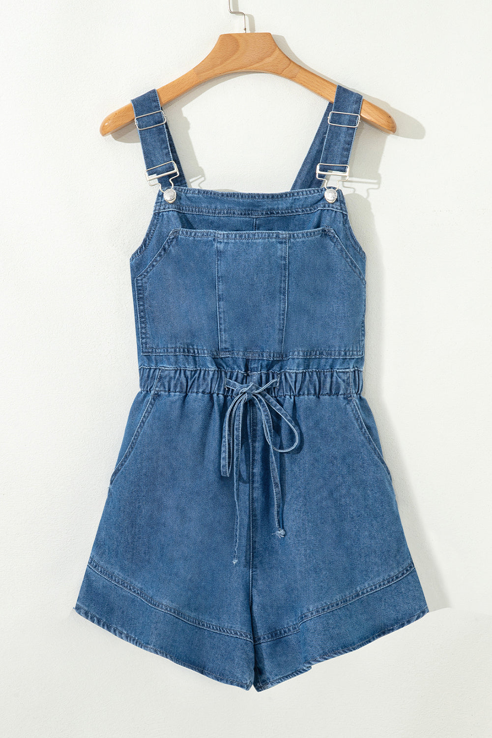 Sky Blue Buckle Straps Bib Style Drawstring Tied Backless Flared Denim Romper