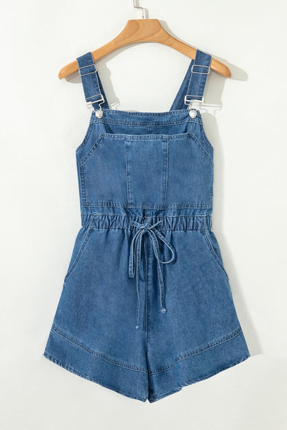 Sky Blue Buckle Straps Bib Style Drawstring Tied Backless Flared Denim Romper