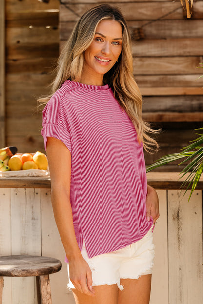 Bonbon Textured Knit Exposed Stitching T-shirt
