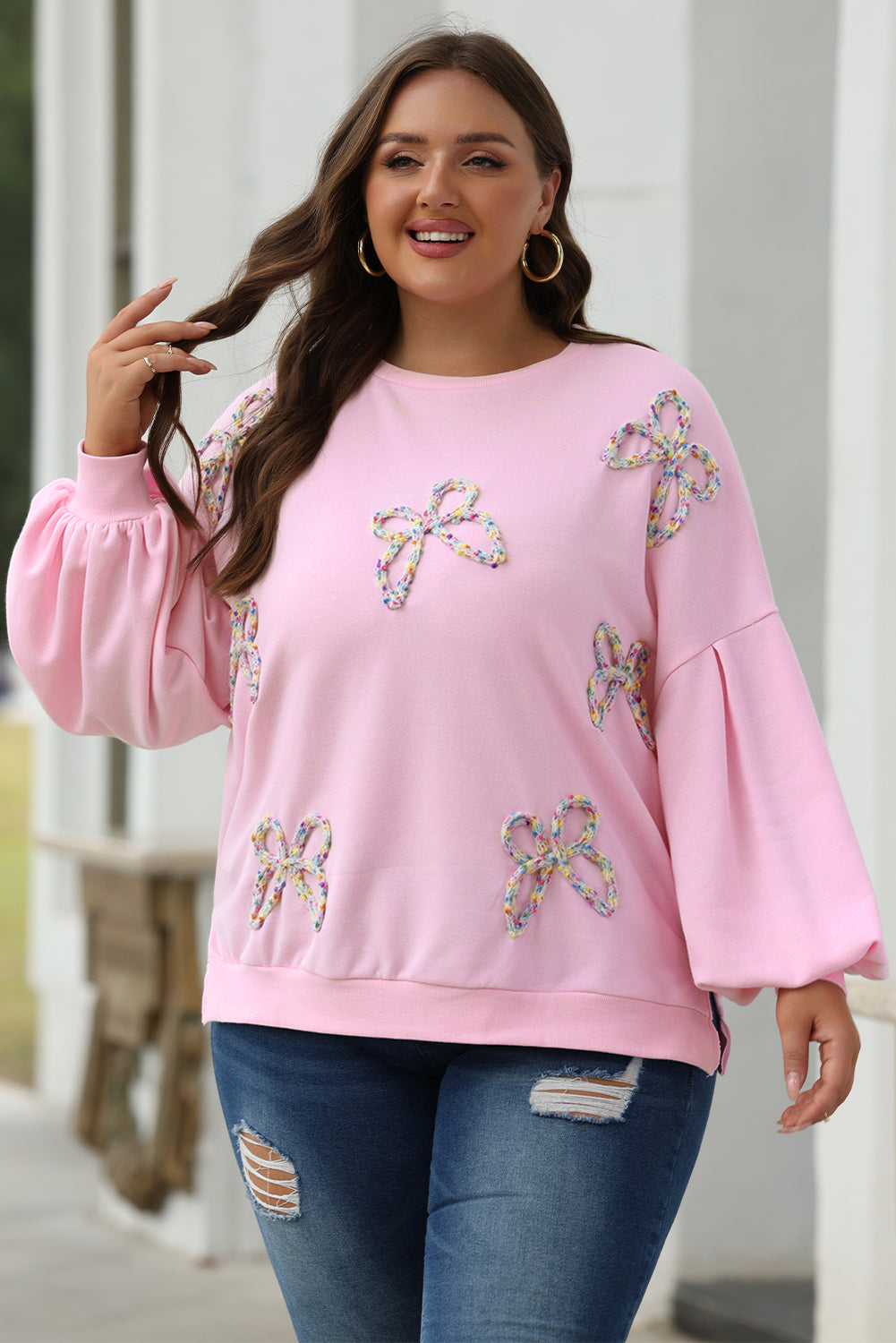 Light Pink Embroidered Bow Lantern Sleeve Oversized Pullover Sweatshirt