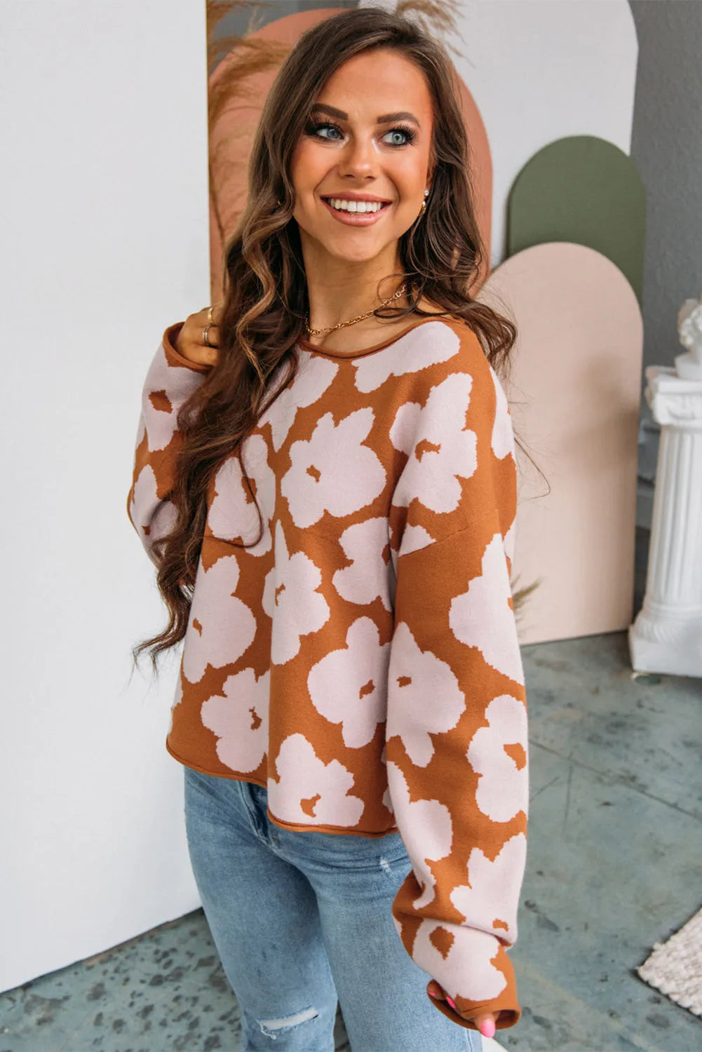 Brown Floral Pattern Crew Neck Long Sleeve Loose Sweater - Chic Meadow Boutique 