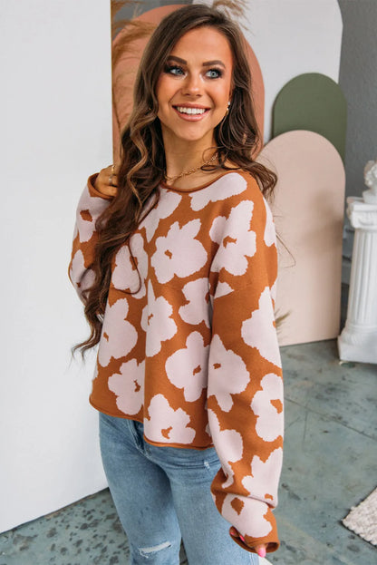 Brown Floral Pattern Crew Neck Long Sleeve Loose Sweater - Chic Meadow Boutique 