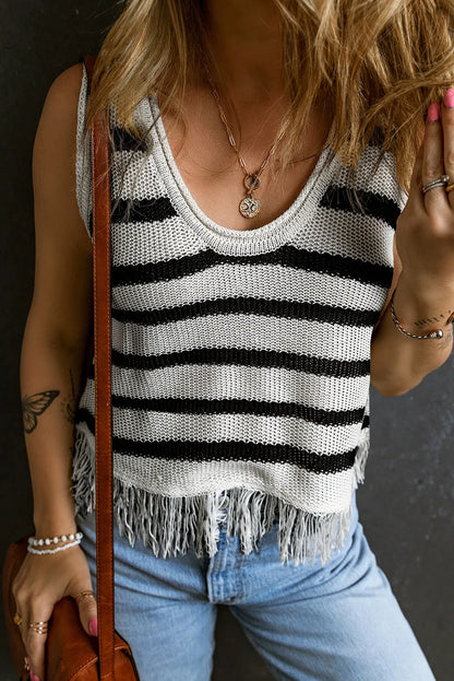 Beige Stripe Loose Knit Fringe Tank Top - Chic Meadow Boutique 