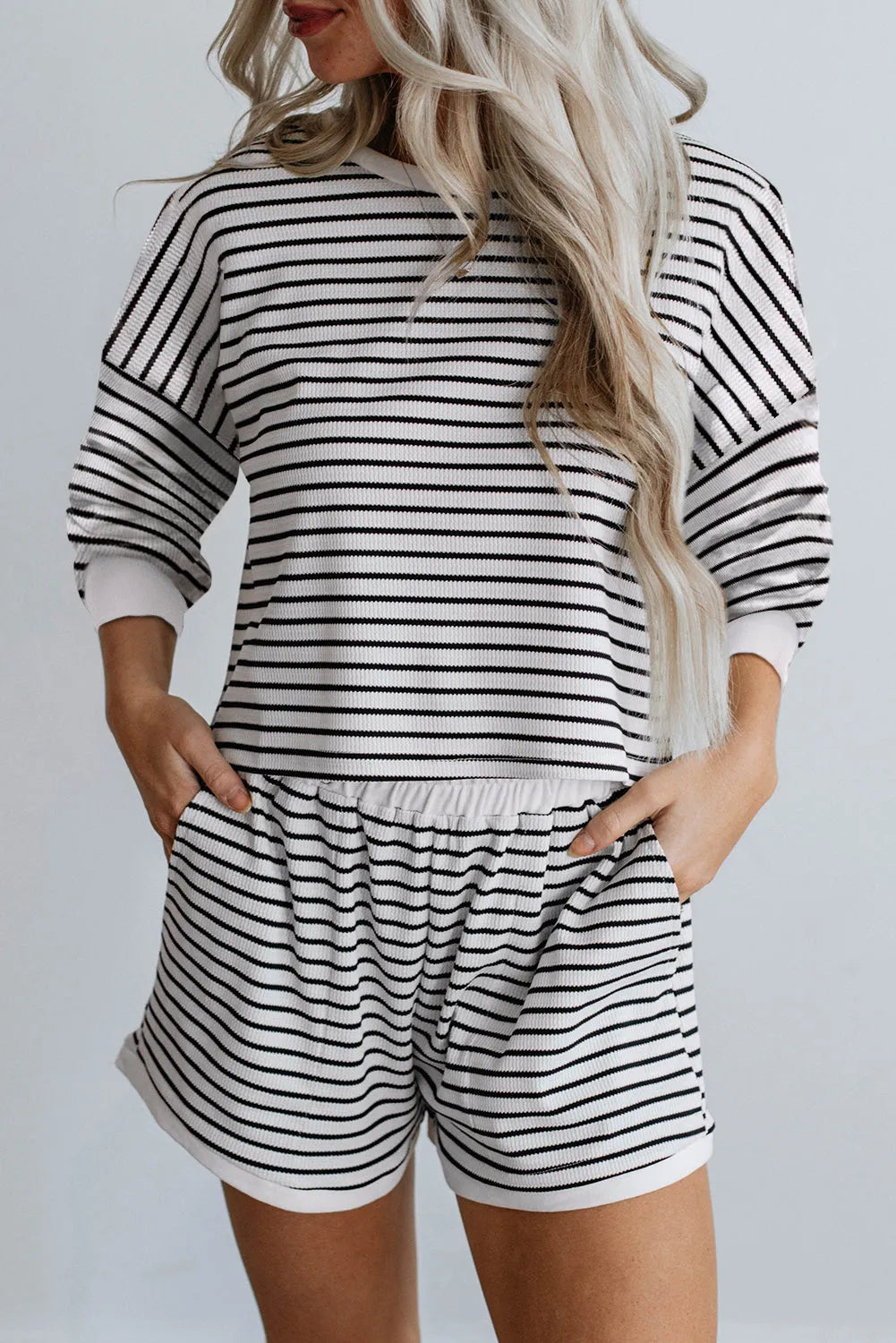 Black Stripe Textured 3/4 Sleeve Top and Shorts Set - Chic Meadow Boutique 