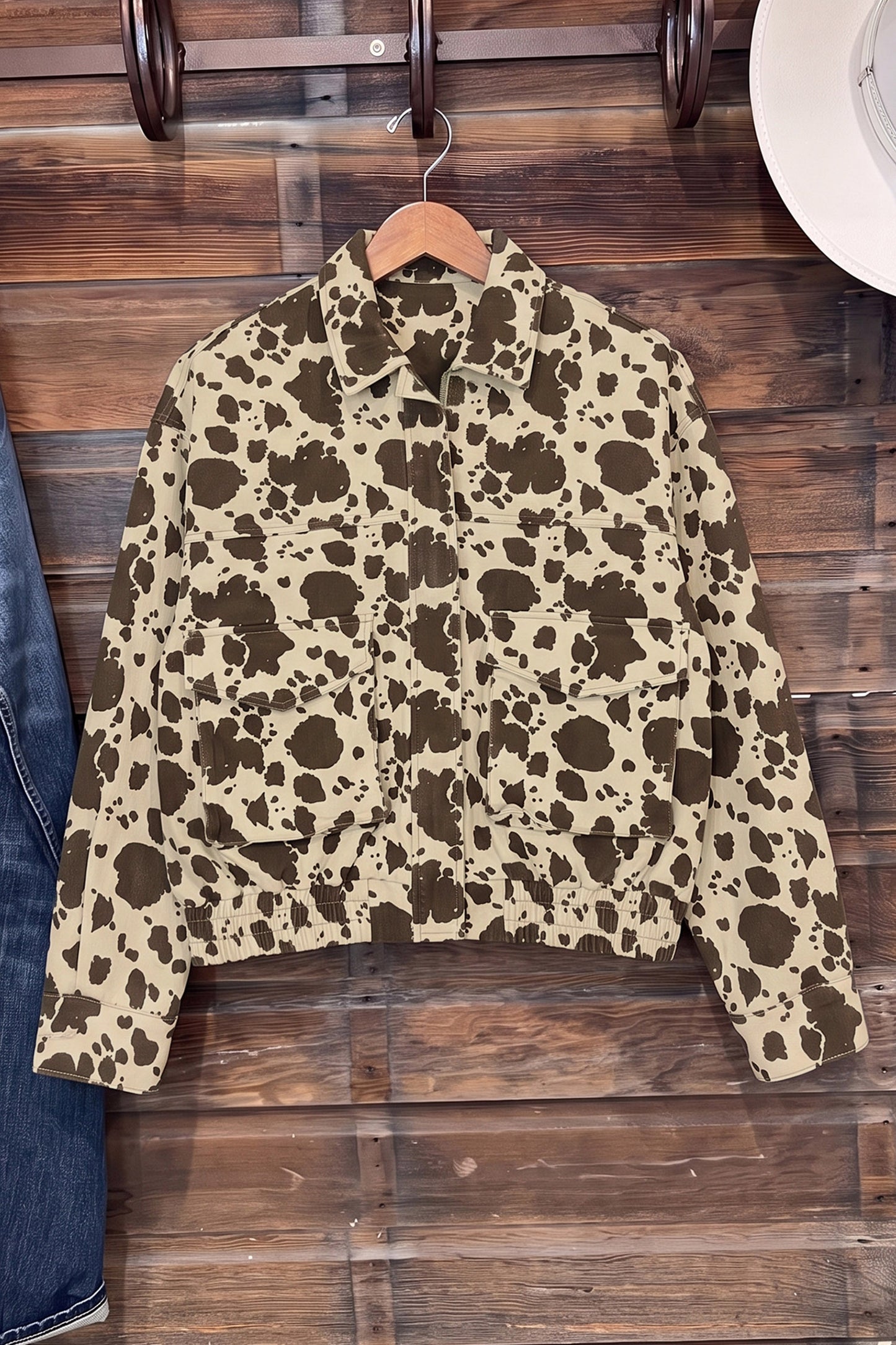 Brown Western Cow Print Cargo Pocket Denim Jacket