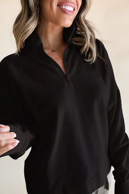 Black Zipped Neck Pullover Drop Shoulder Sweatshirt - Chic Meadow Boutique 