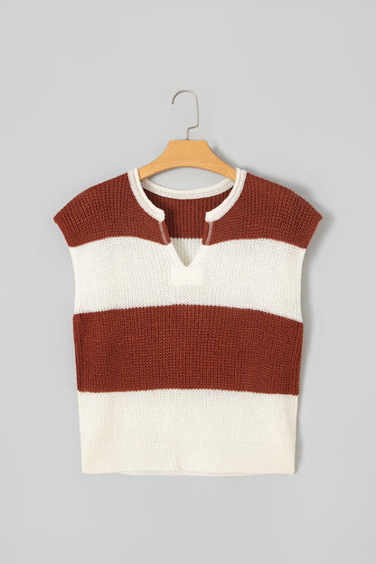 Brown Stripe Striped Colorblock Knit V Neck Short Sleeve Loose Sweater