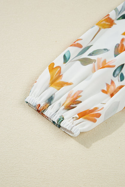 Yellow Floral Print Tie Neck Frilled Detail Long Sleeve Mini Dress