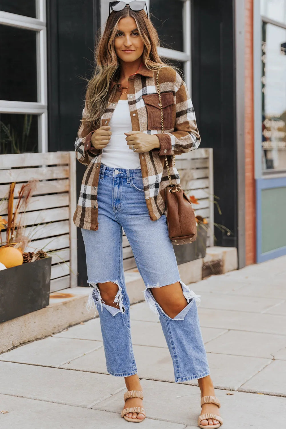 Brown Pocketed Buttoned Plaid Shirt Jacket - Chic Meadow Boutique 