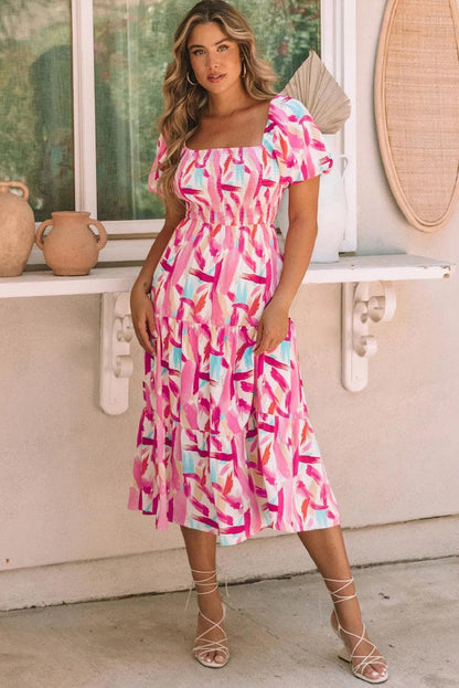 Dresses/Midi Dresses Pink Brush Stroke Printed Smocked Ruffle Tiered Dress