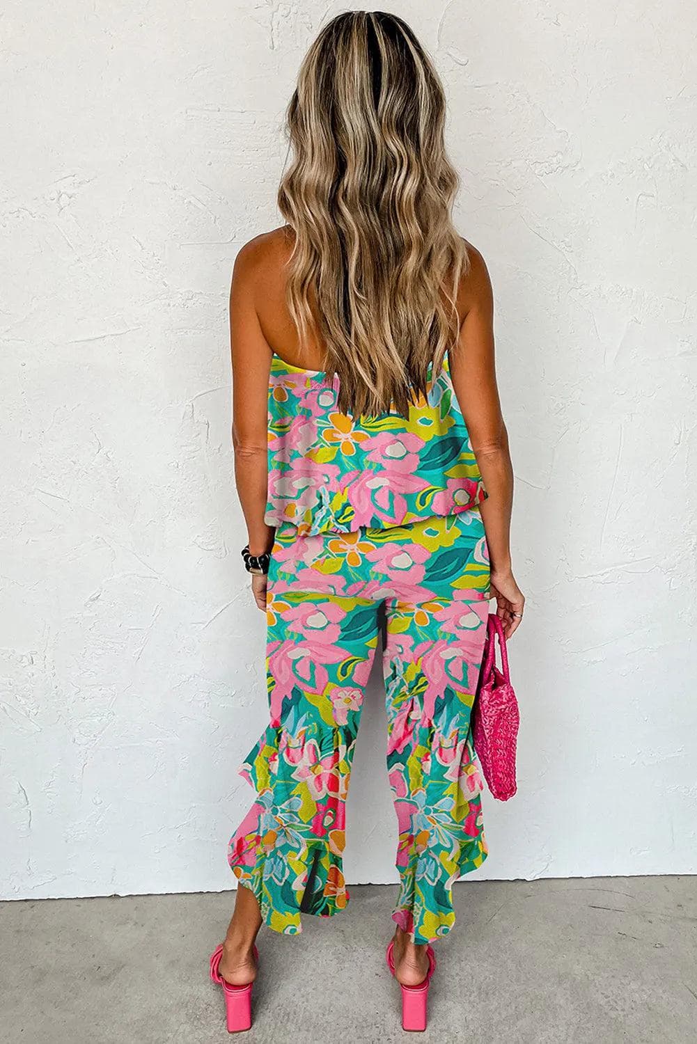 Bottoms/Jumpsuits & Rompers Green Mix Tropical Print Strapless Ruffled Jumpsuit