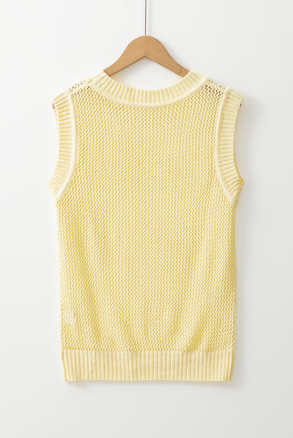 Yellow Solid Color Hollowed Knit Round Neck Sweater Vest