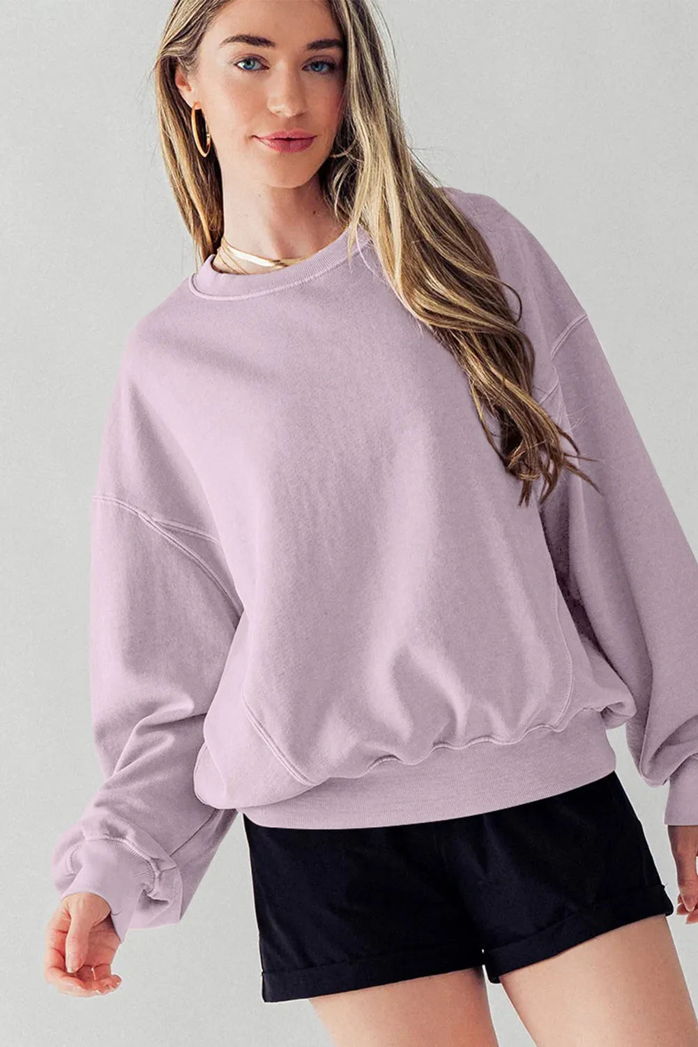 Orchid Petal Exposed Seam Batwing Sleeve Drop Shoulder Sweatshirt - Chic Meadow Boutique 