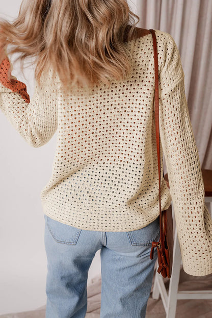 Apricot Pointelle Knit Colorblock Baggy Sweater - Chic Meadow Boutique 