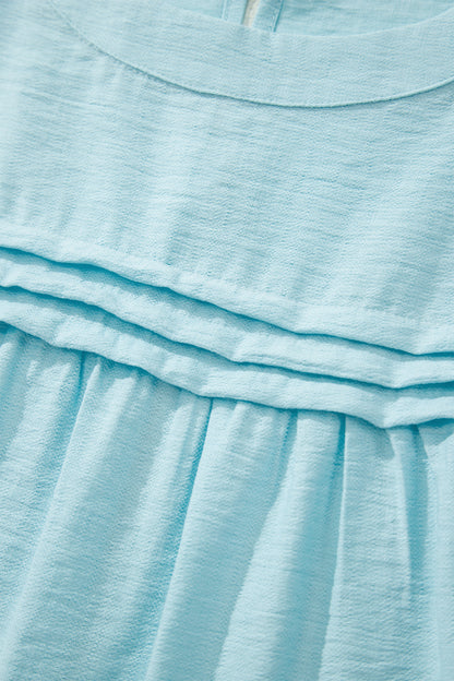 Mist Blue Tie Half Sleeve Pleated Detail Babydoll Blouse