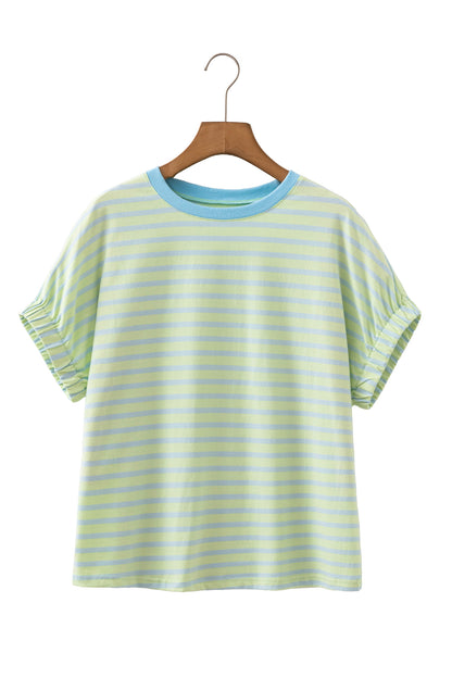 Green Stripe Striped Round Neck Short Sleeve Casual Shift T-Shirt