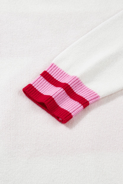 White Striped Trim Bow Graphic Round Neck Drop Shoulder Sweater