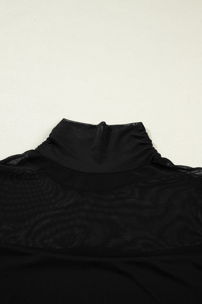 Black Sheer Mesh Patchwork High Neck Long Sleeve Top