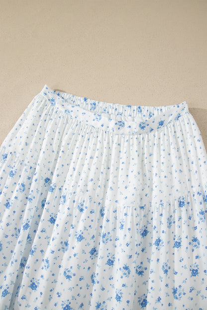 Sky Blue High Waist Tiny Floral Print Boho Maxi Skirt