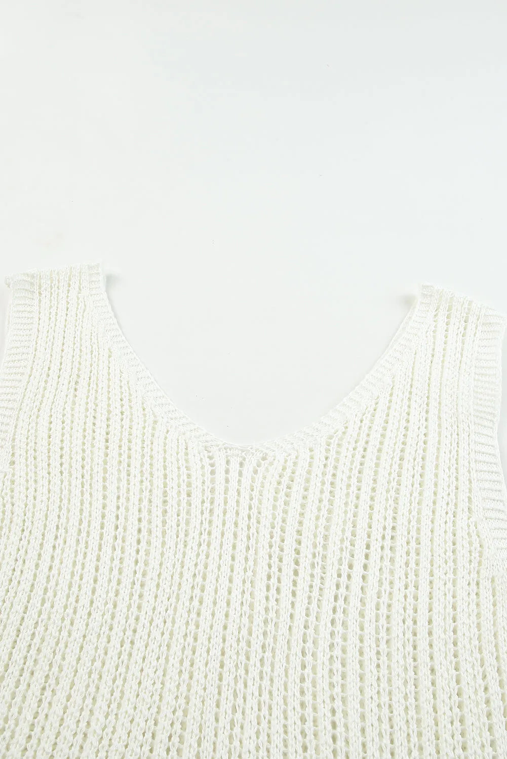 White Hollowed Knit V Neck Tank Top - Chic Meadow Boutique 